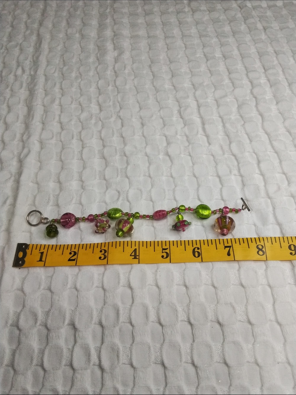 Pink and Green Glass Bead Charm Bracelet
